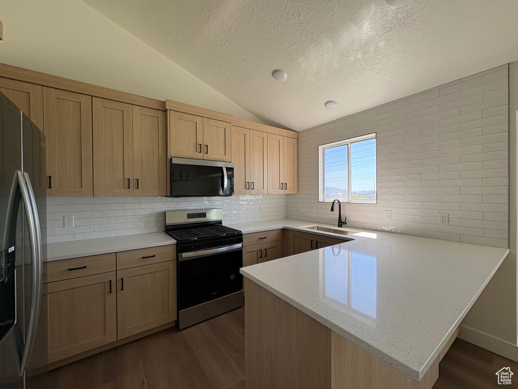 Kitchen with a peninsula, dark wood-type flooring, a textured ceiling, appliances with stainless steel finishes, and vaulted ceiling