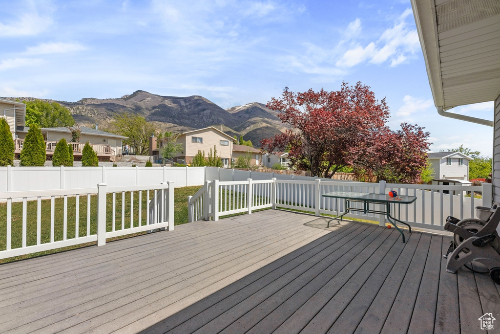 Deck with a residential view, a mountain view, a yard, and a fenced backyard