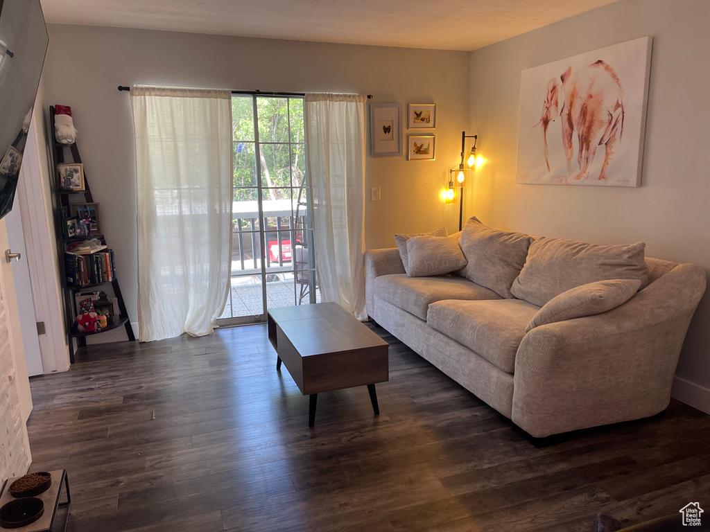 Living area with dark wood-style flooring