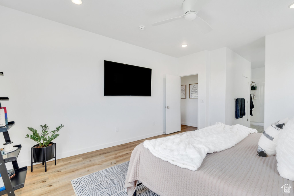 Bedroom featuring recessed lighting, baseboards, ceiling fan, and wood finished floors