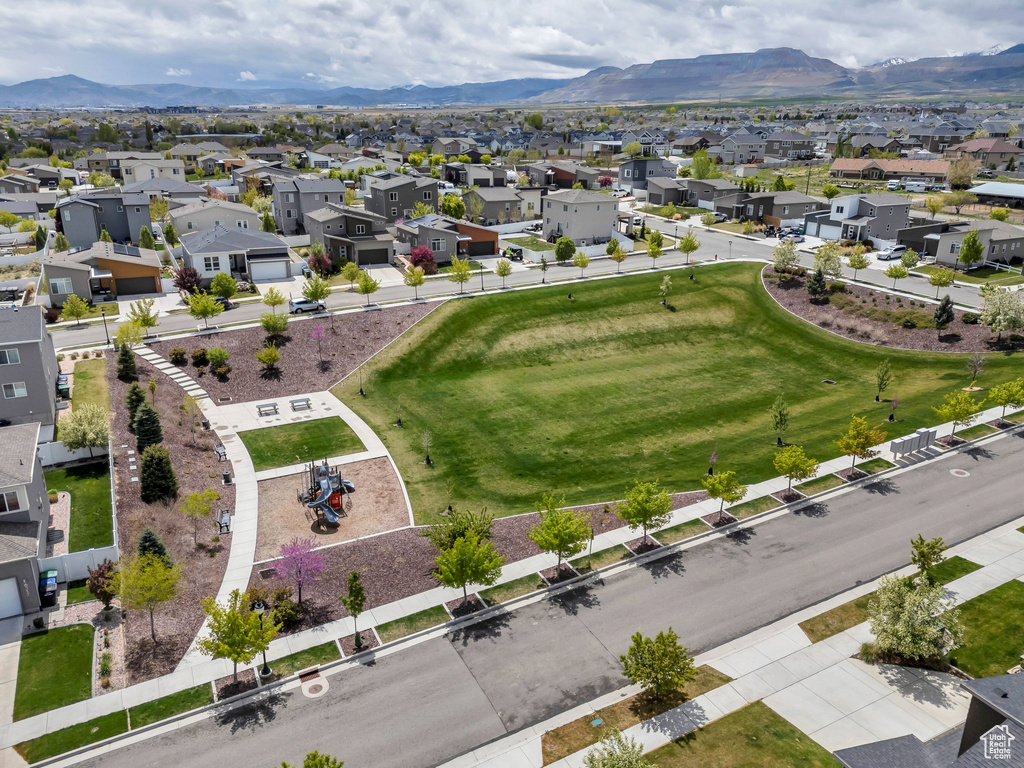 Aerial view featuring a residential view and a mountain view
