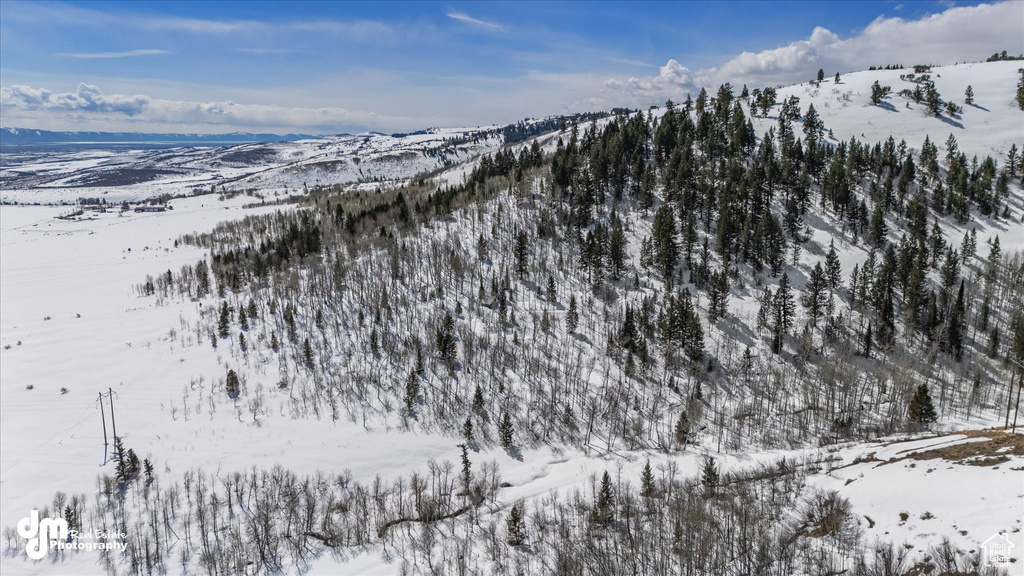 Snowy aerial view with a mountain view