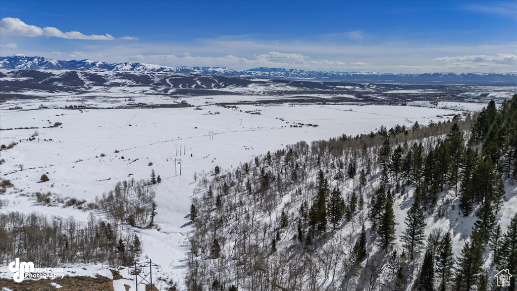 Snowy aerial view featuring a mountain view