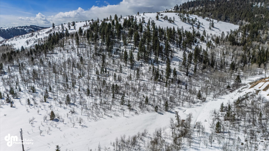 Snowy aerial view featuring a mountain view