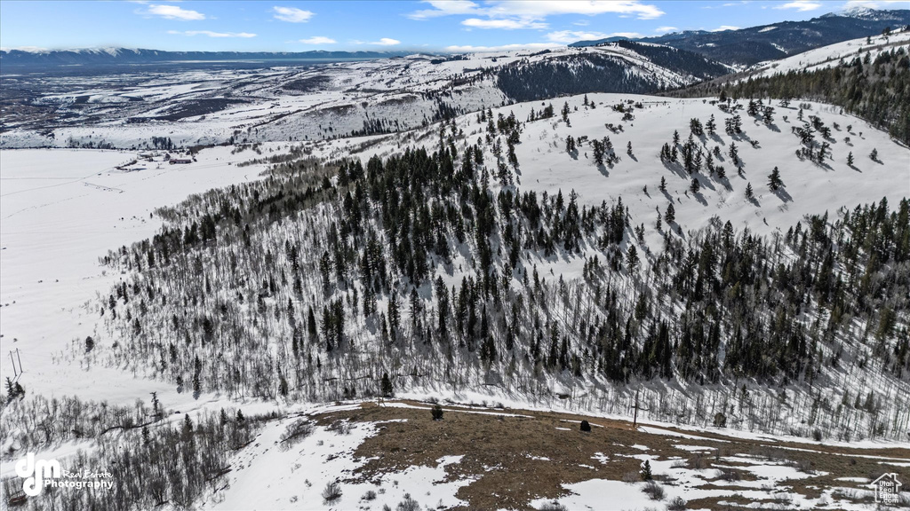 Snowy aerial view with a mountain view