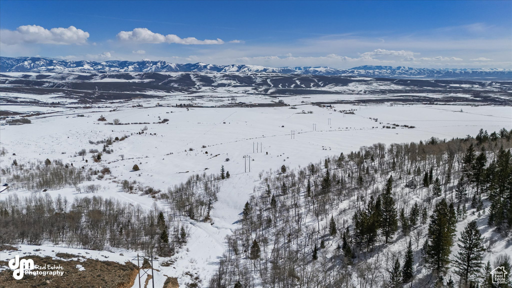 Snowy aerial view featuring a mountain view
