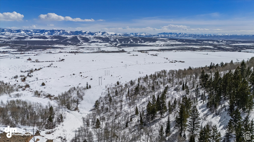 Snowy aerial view featuring a mountain view