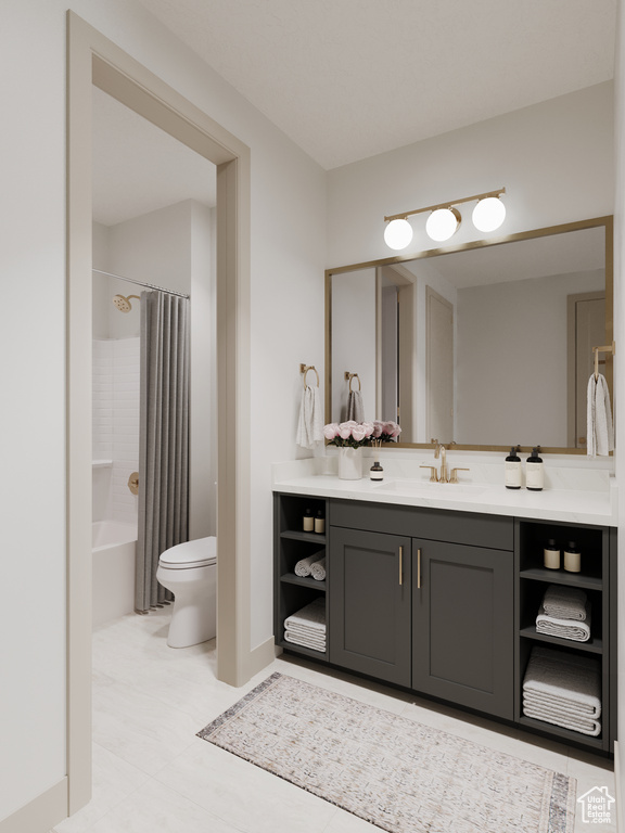 Full bath with toilet, shower / tub combo, and vanity