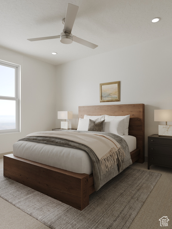 Bedroom featuring carpet flooring, recessed lighting, and a ceiling fan