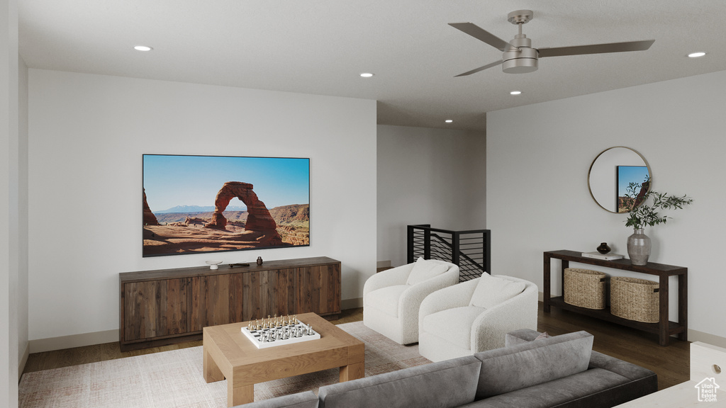 Living room with light wood-style floors, baseboards, a ceiling fan, and recessed lighting