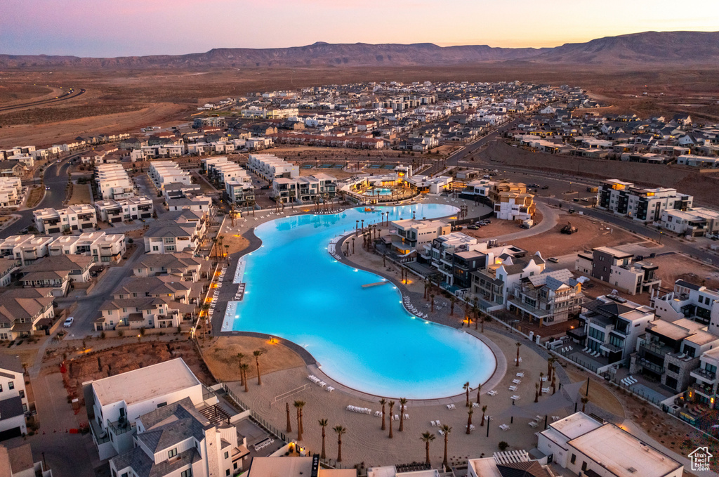 Aerial view at dusk with a mountain view