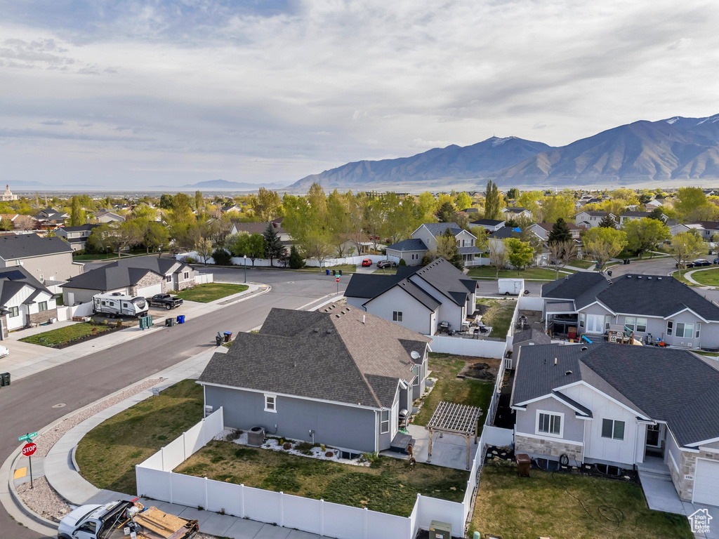 Drone / aerial view with a mountain view and a residential view