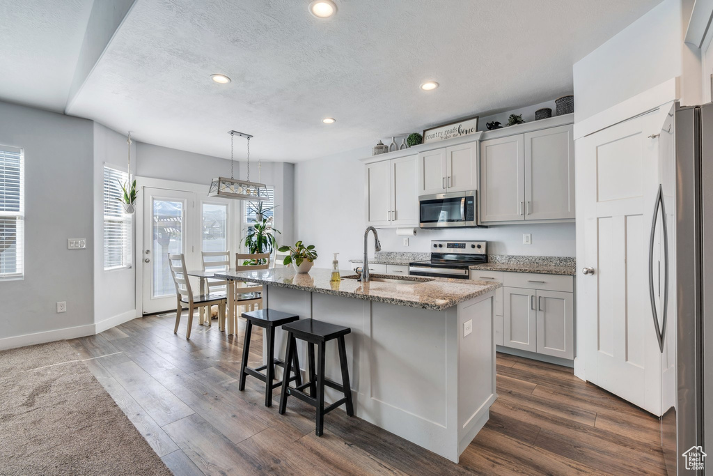 Kitchen featuring dark wood-style flooring, appliances with stainless steel finishes, a sink, recessed lighting, and baseboards