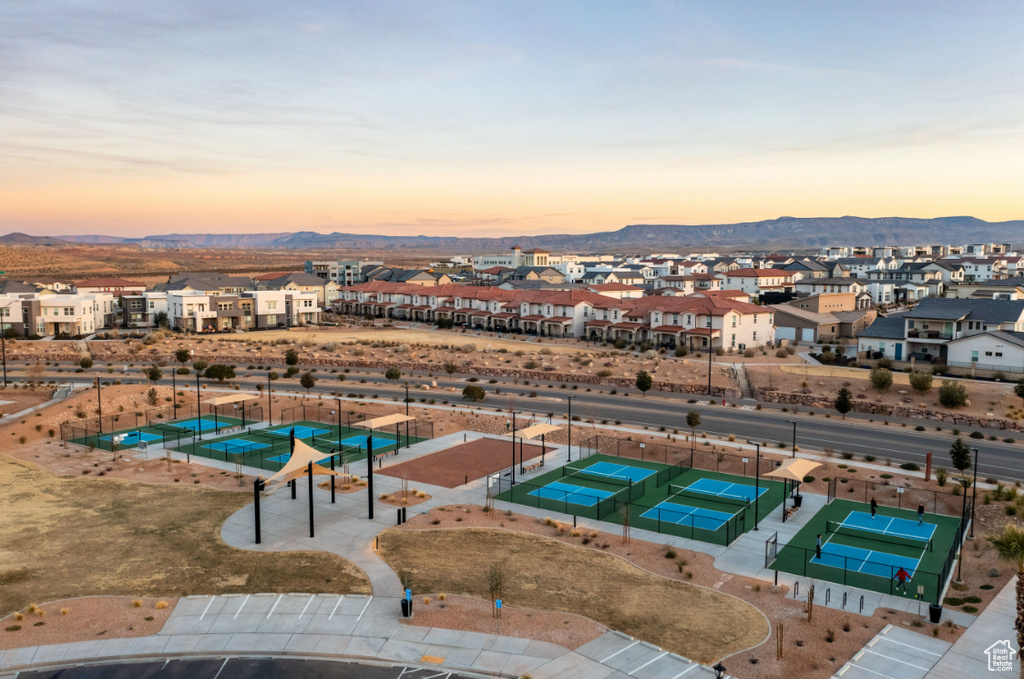 Aerial perspective of suburban area with mountains
