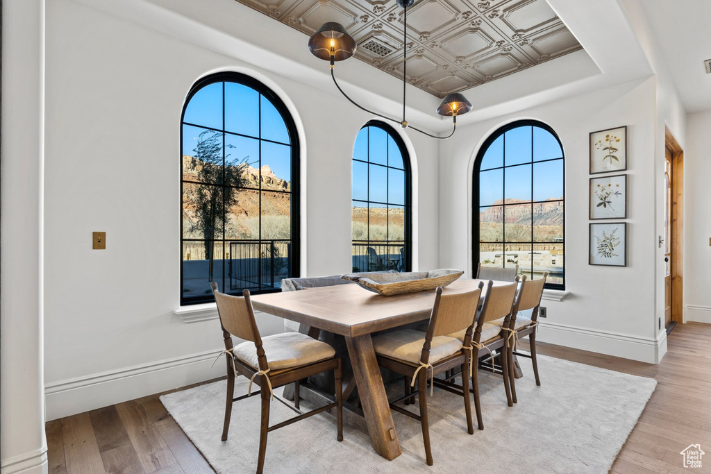 Dining area featuring a tray ceiling, baseboards, and light wood-style floors