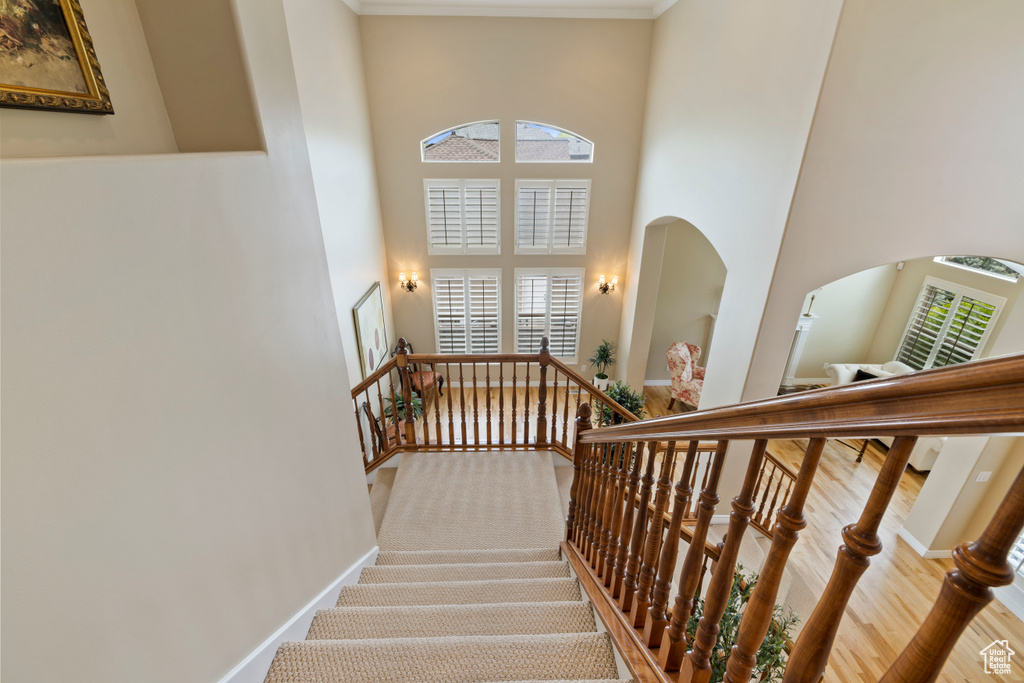Stairs featuring ornamental molding, a high ceiling, baseboards, and arched walkways