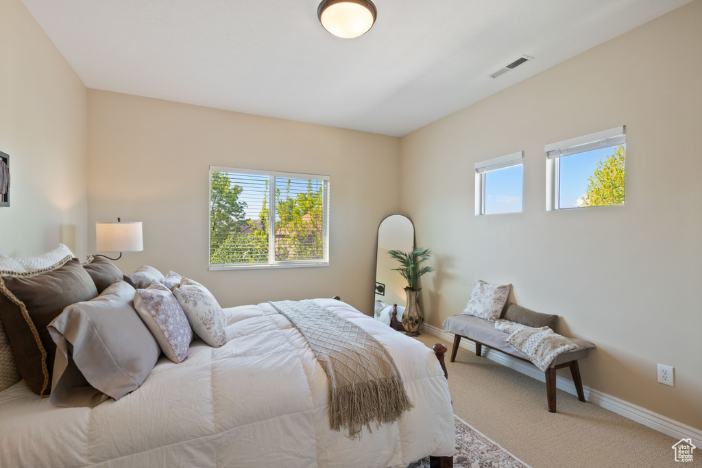 Carpeted bedroom featuring baseboards and visible vents