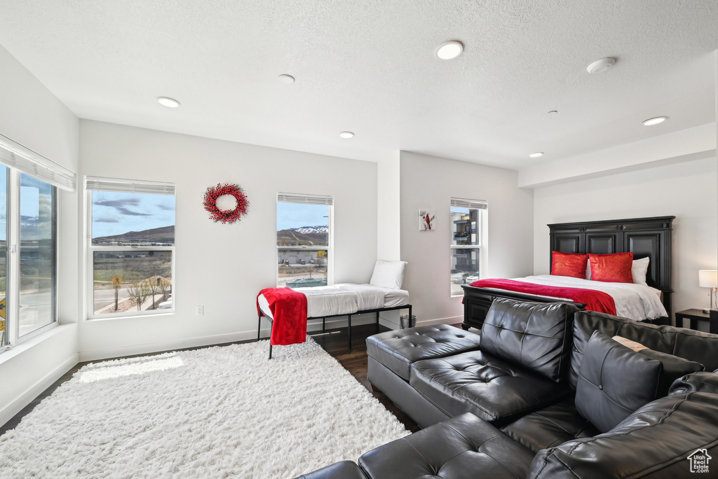Bedroom with baseboards, multiple windows, and recessed lighting