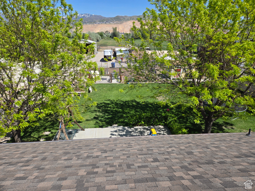 Exterior space featuring a mountain view