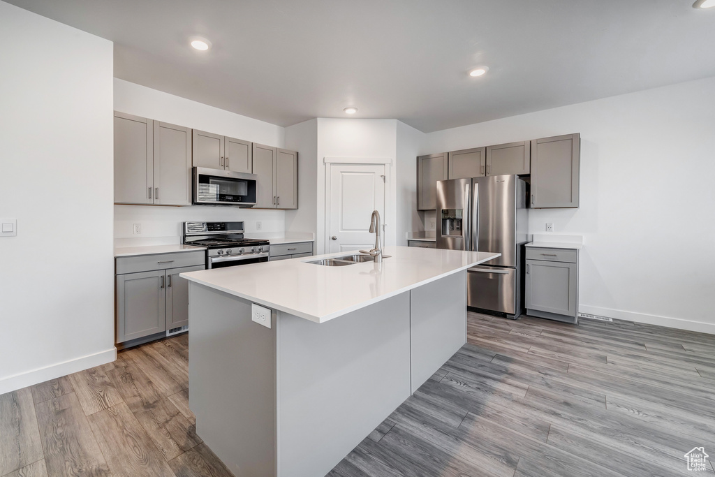 Kitchen with a sink, light wood finished floors, stainless steel appliances, baseboards, and gray cabinetry