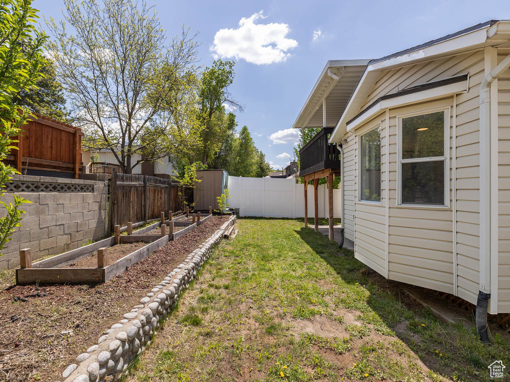 View of yard featuring a fenced backyard and a garden