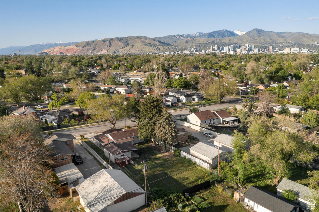 Drone / aerial view with a mountain view and a residential view
