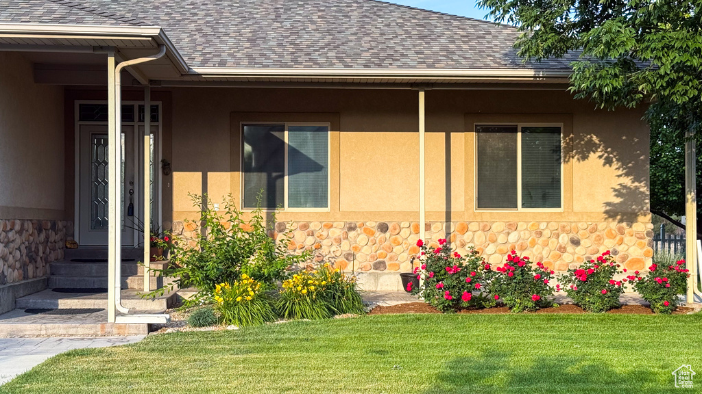 Property entrance featuring a shingled roof, a yard, stucco siding, and stone siding