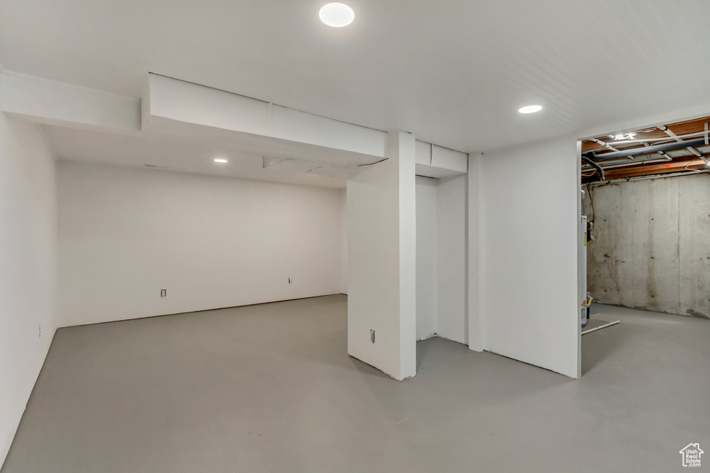 Finished below grade area featuring recessed lighting