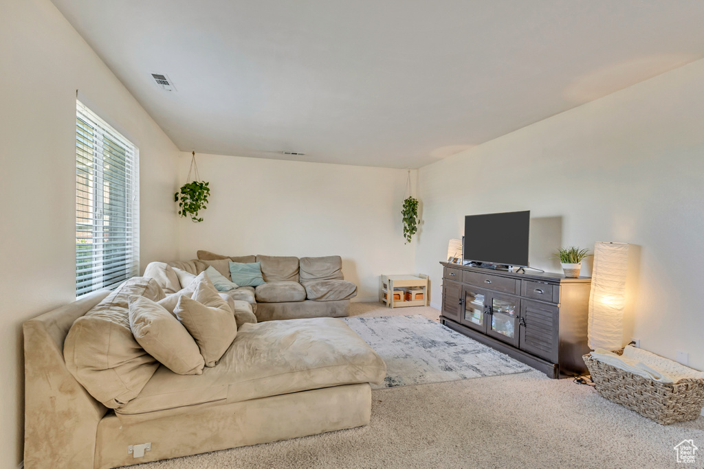 Carpeted living room featuring visible vents