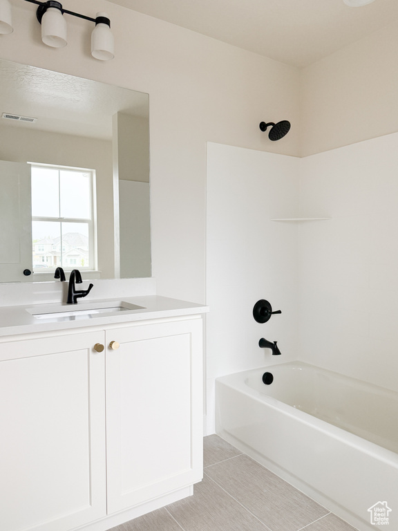 Bathroom with visible vents, vanity, tile patterned floors, and shower / bath combination