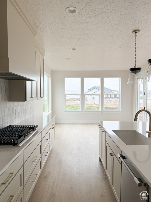Kitchen with tasteful backsplash, a sink, light wood finished floors, wall chimney exhaust hood, and appliances with stainless steel finishes