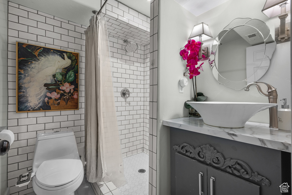 Full bathroom featuring vanity, a stall shower, and toilet