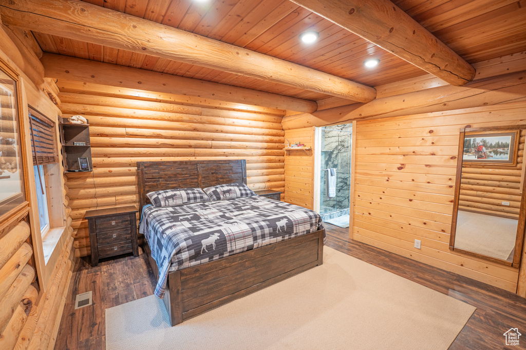Bedroom featuring visible vents, beam ceiling, wooden ceiling, recessed lighting, and hardwood / wood-style floors