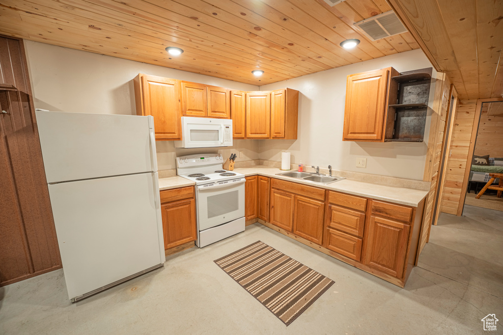 Kitchen with a sink, white appliances, recessed lighting, wooden ceiling, and visible vents