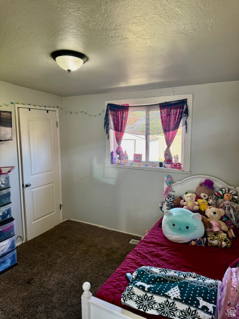 Bedroom featuring carpet floors, a textured ceiling, and visible vents