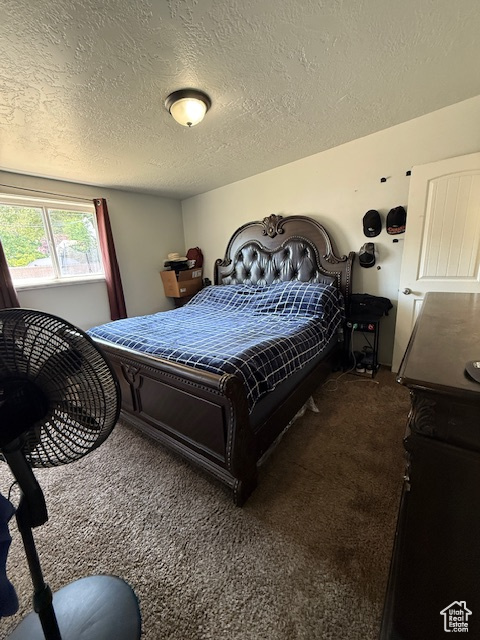 Bedroom featuring carpet flooring and a textured ceiling