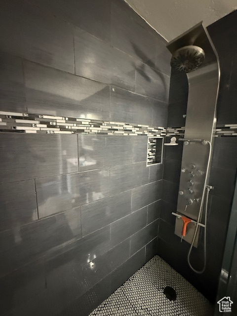 Full bathroom featuring a tile shower and tile patterned flooring