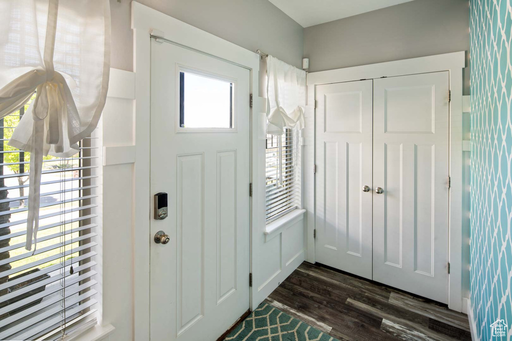 Foyer entrance with dark wood-type flooring