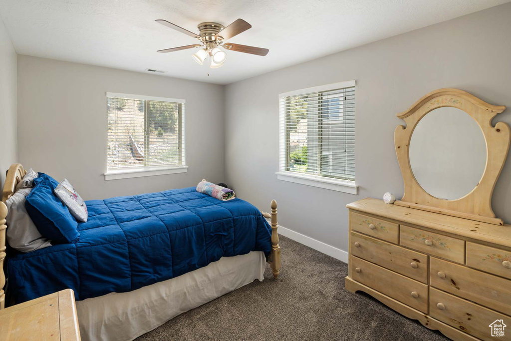 Bedroom featuring dark colored carpet, baseboards, visible vents, and multiple windows