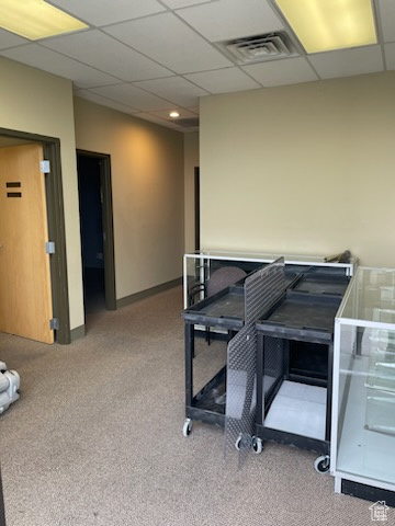 Carpeted office space featuring baseboards, a drop ceiling, recessed lighting, and visible vents