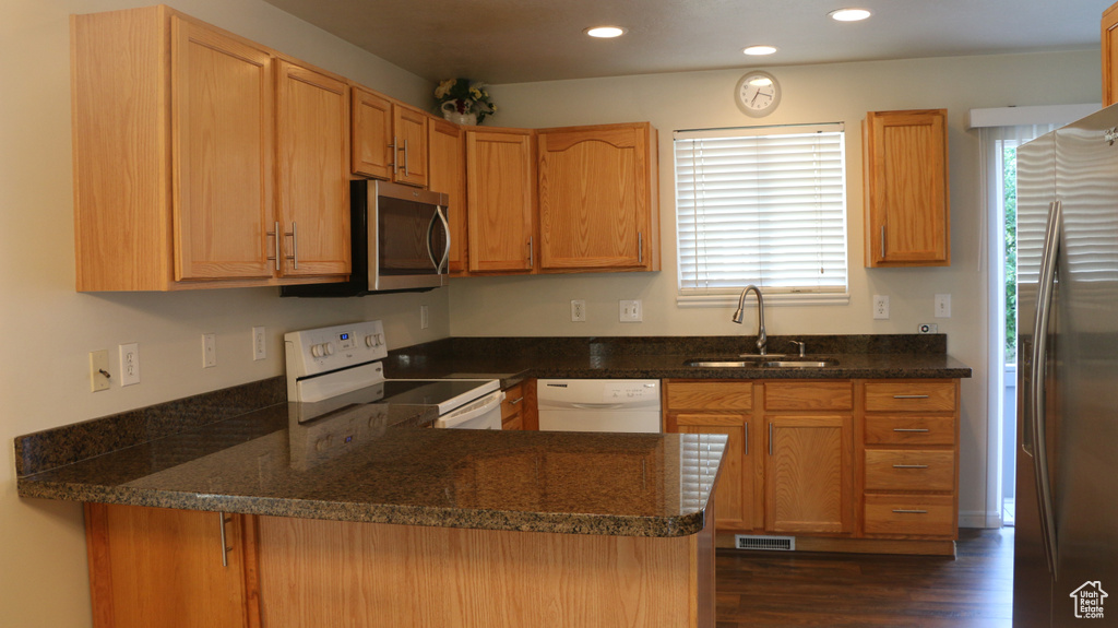Kitchen featuring appliances with stainless steel finishes, dark wood finished floors, a sink, a peninsula, and recessed lighting