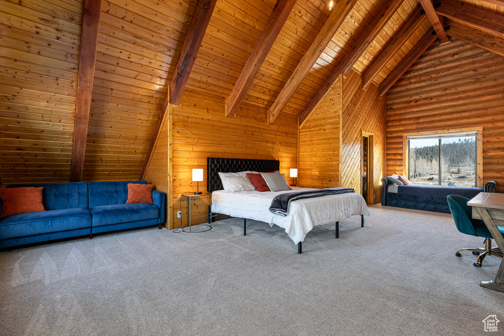 Carpeted bedroom featuring wood ceiling, beamed ceiling, and high vaulted ceiling