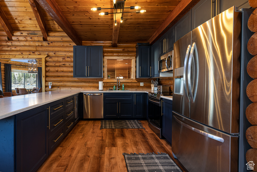 Kitchen featuring appliances with stainless steel finishes, a sink, wooden ceiling, rustic walls, and beamed ceiling
