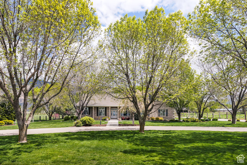 View of front facade with brick siding and a front yard
