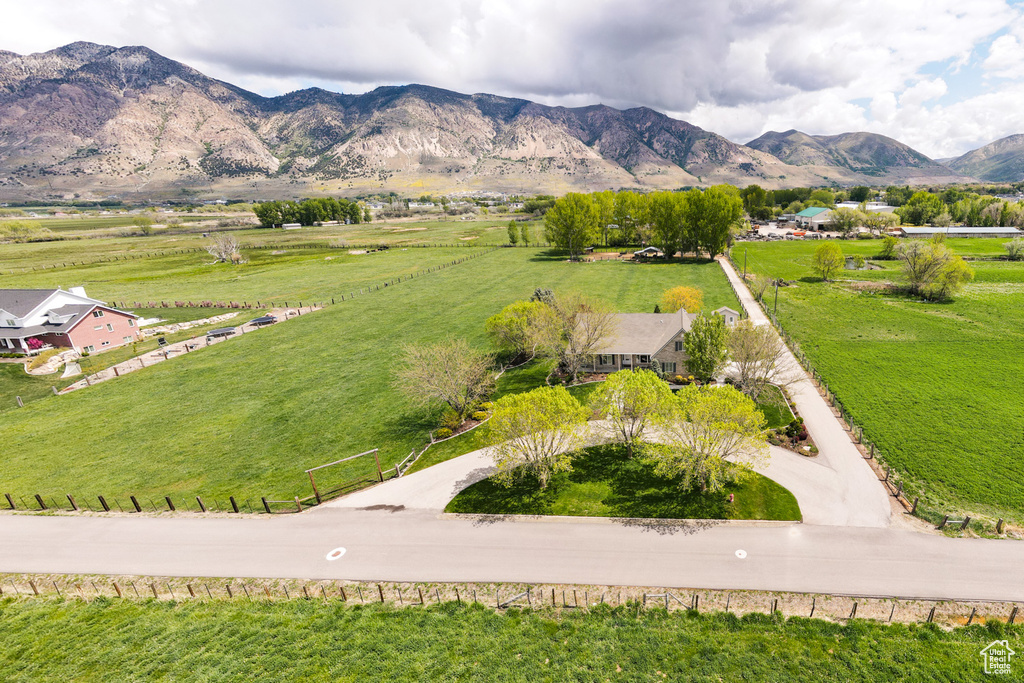 Drone / aerial view featuring a mountain view and a rural view