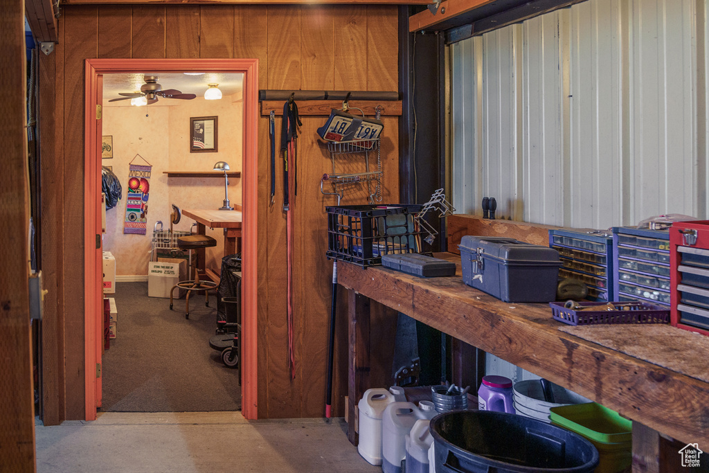 Storage room featuring a ceiling fan