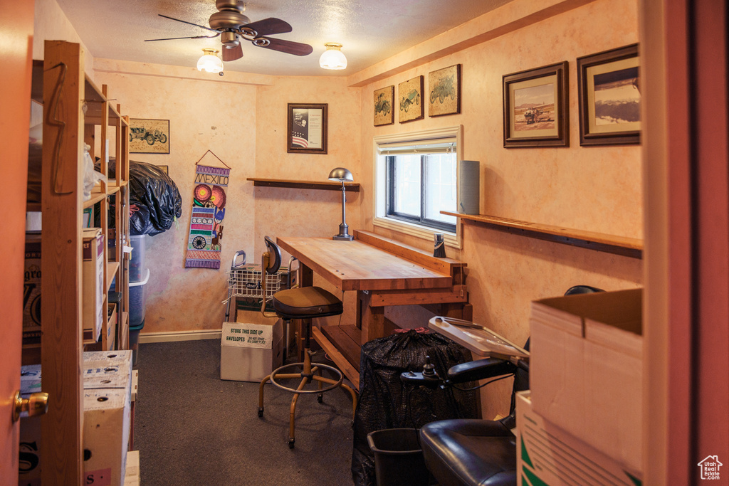 Office area featuring carpet flooring, ceiling fan, and baseboards