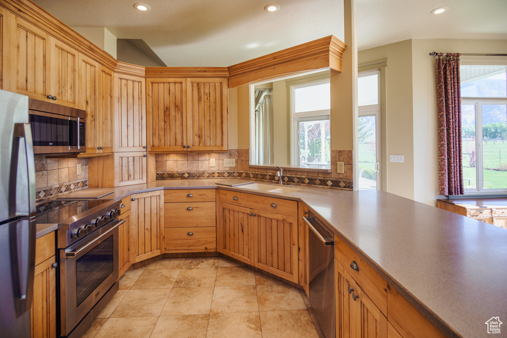 Kitchen with a sink, backsplash, stainless steel appliances, and recessed lighting