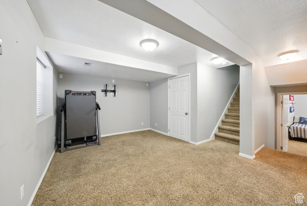 Workout area featuring a textured ceiling, baseboards, and carpet