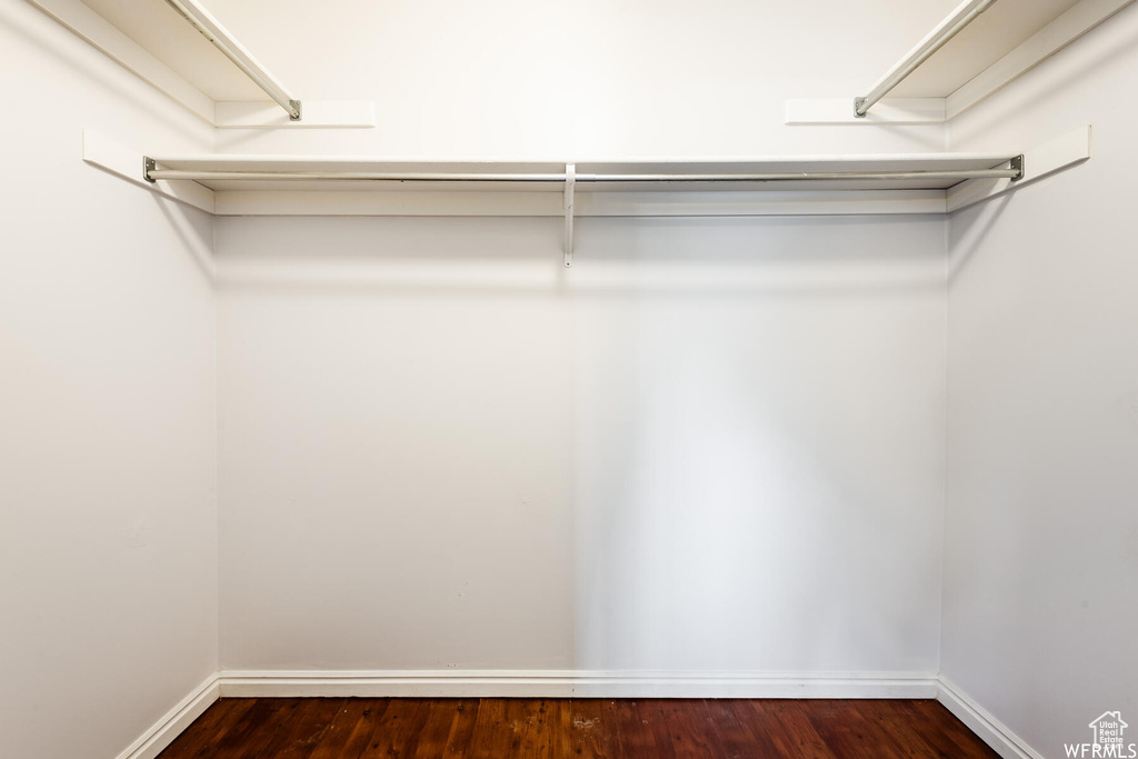 Walk in closet with dark wood-style floors